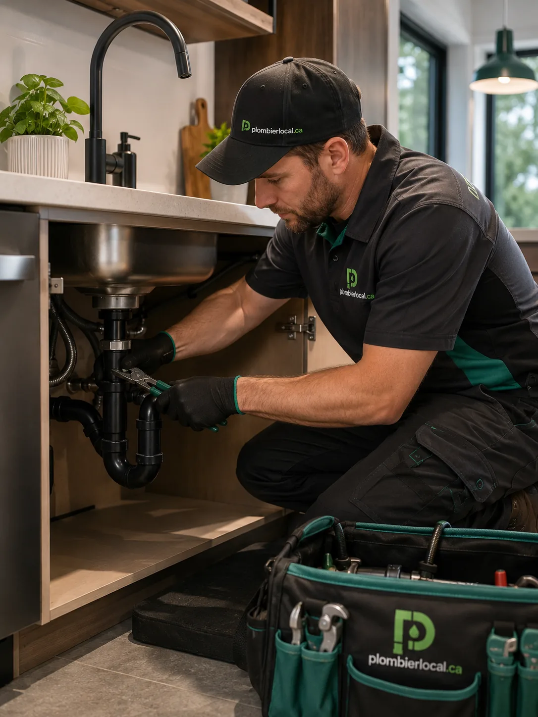 Plombier travaillant sous un évier de cuisine