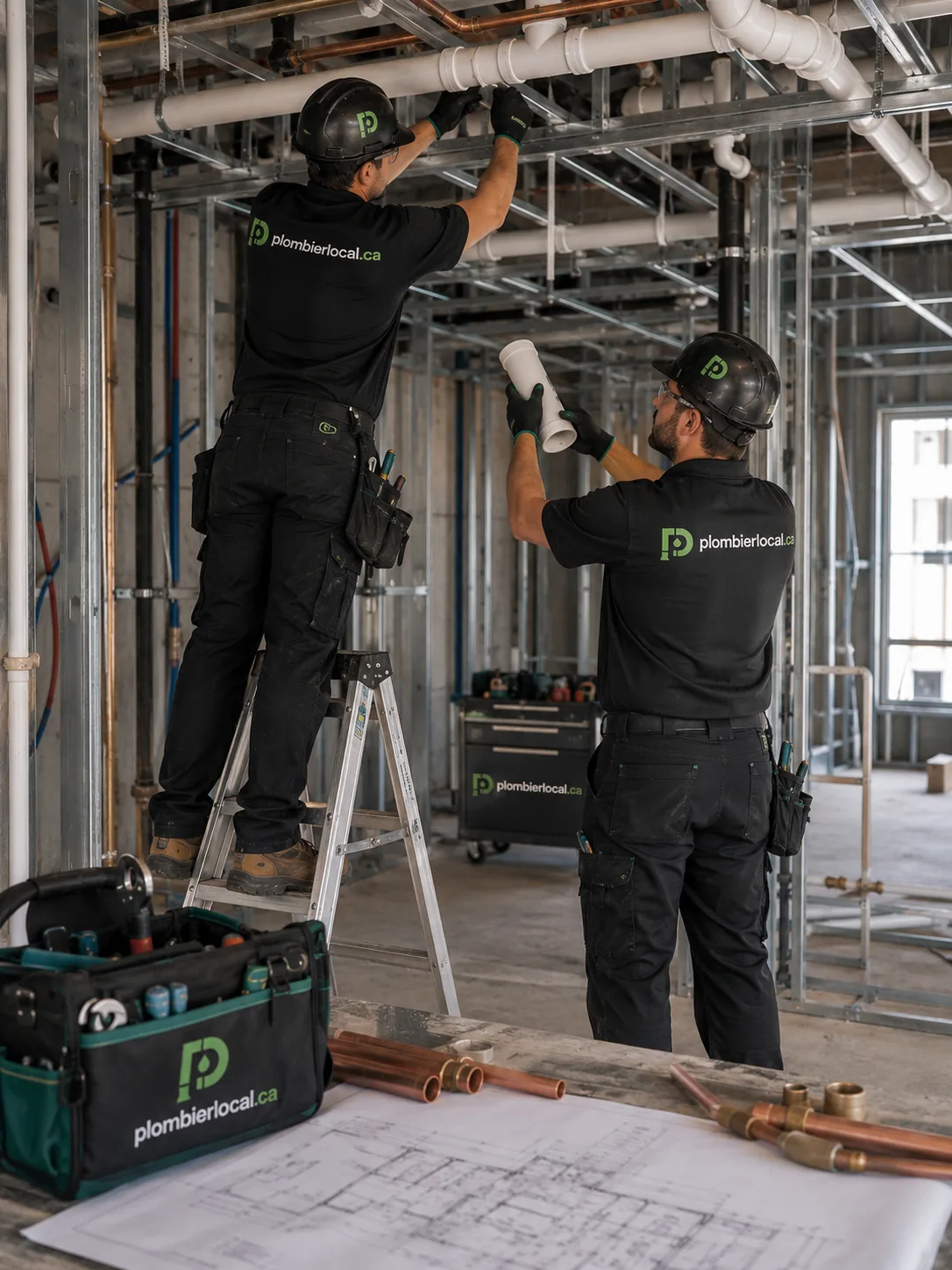 Deux plombiers installant de la tuyauterie au plafond d'un chantier