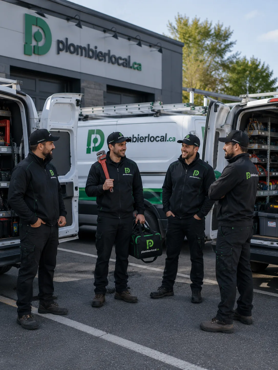 Équipe de plombiers devant leurs camions de service
